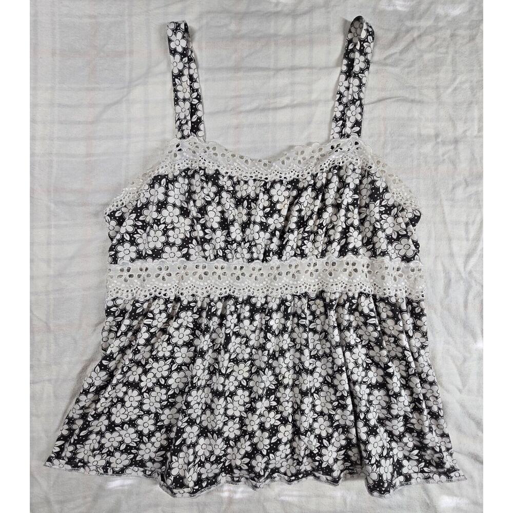 Vintage Babydoll Tank Top Womens Y2K 90s Lace Eyelet Trim Coquette Daisies XL